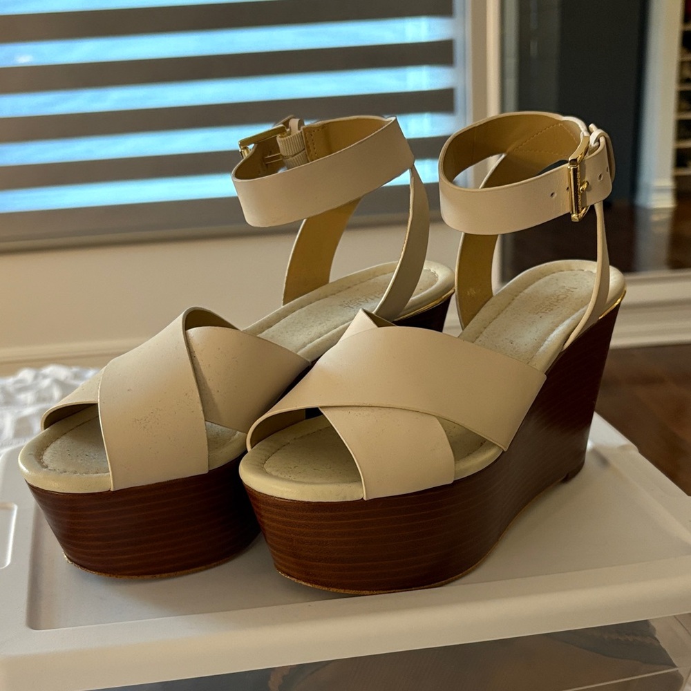 Michael Kors Cream and Brown Wedge Sandals
